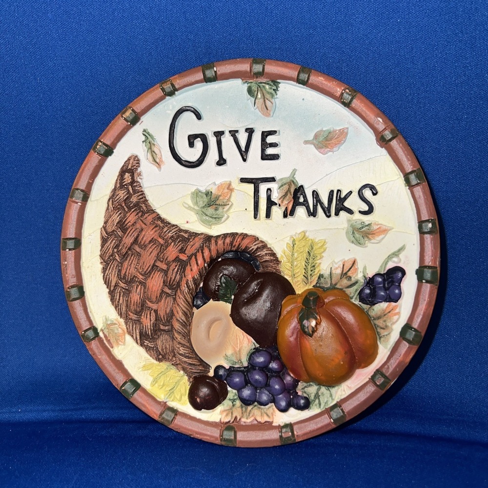 Give Thanks Wall Hang Cornucopia Fall Leaves Thanksgiving Kitchen Wall Decor 6"